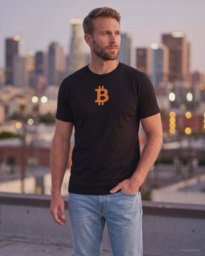 Orange Bitcoin Symbol on a black t-shirt, product video