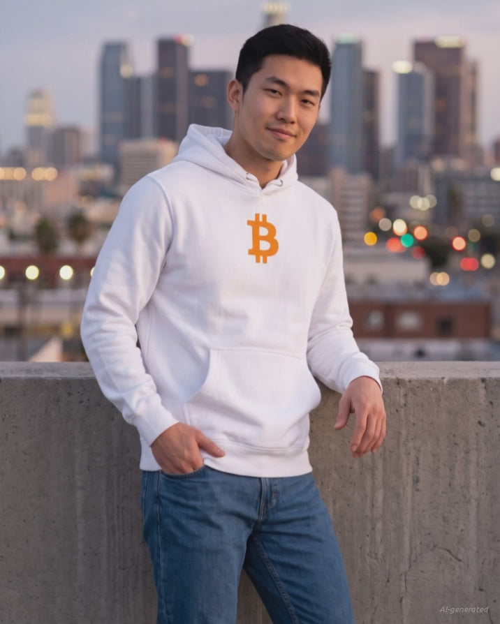 Orange Bitcoin Symbol on a white hoodie, product video