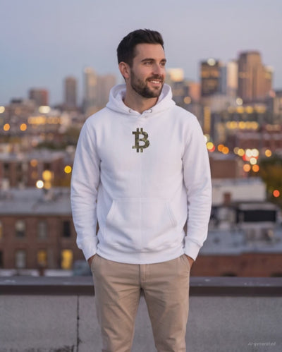Camo Bitcoin Symbol on a white hoodie, product video