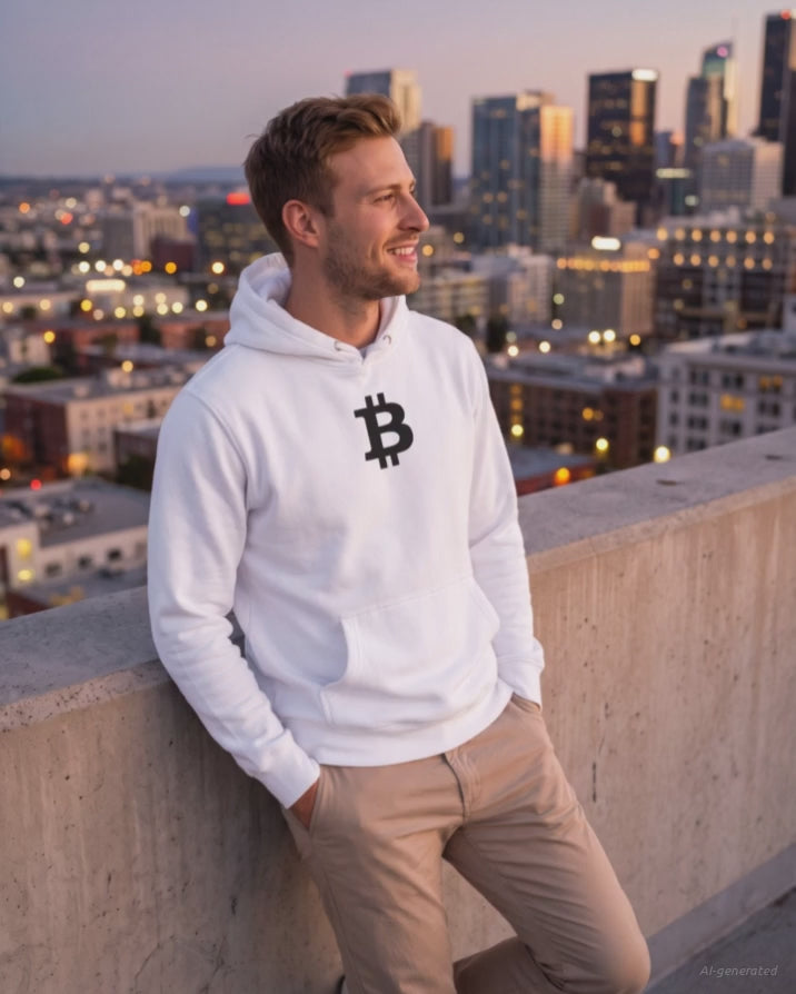 Bitcoin Symbol on a white hoodie, product video