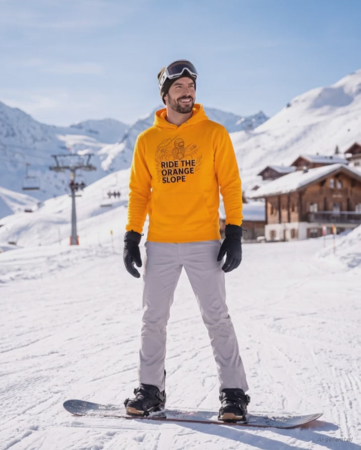 Ride The Orange Slope Snowboard Men's Bitcoin Hoodie on a orange hoodie, product video