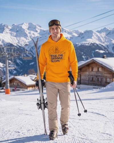 Ride The Orange Slope Ski Men's Bitcoin Hoodie on a orange hoodie, product video
