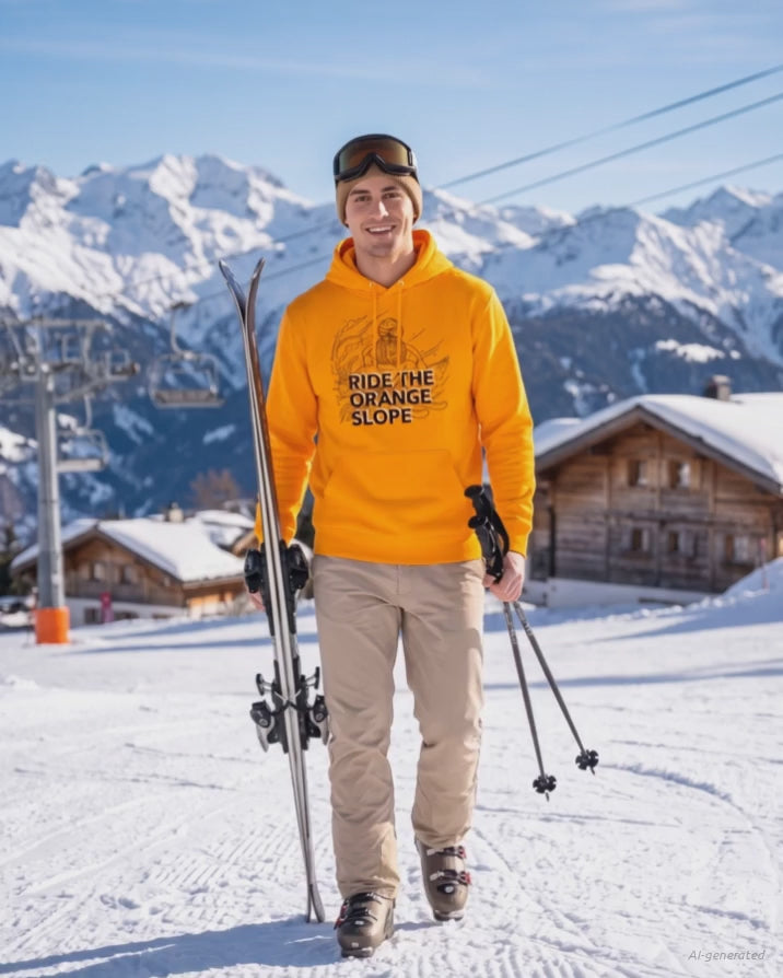 Ride The Orange Slope Ski Men's Bitcoin Hoodie on a orange hoodie, product video