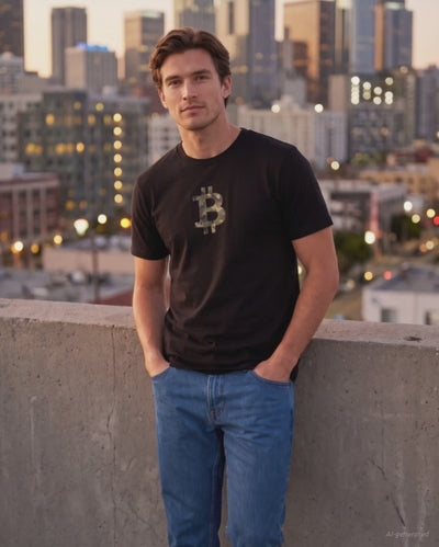 Camo Bitcoin Symbol on a black t-shirt, product video