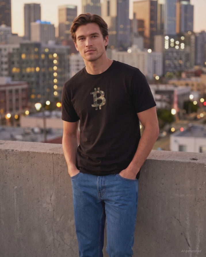 Camo Bitcoin Symbol on a black t-shirt, product video