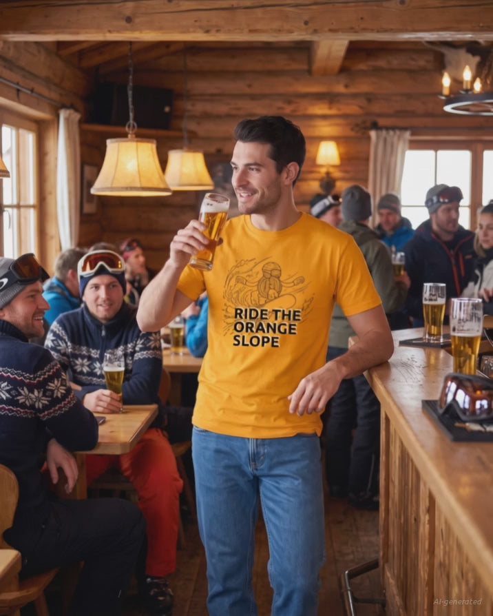 Ride The Orange Slope Snowboard Men's Bitcoin T-shirt on a orange t-shirt, product video
