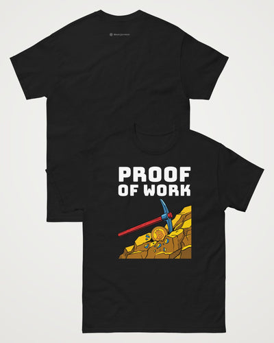 Proof Of Work on a black t-shirt, collage view