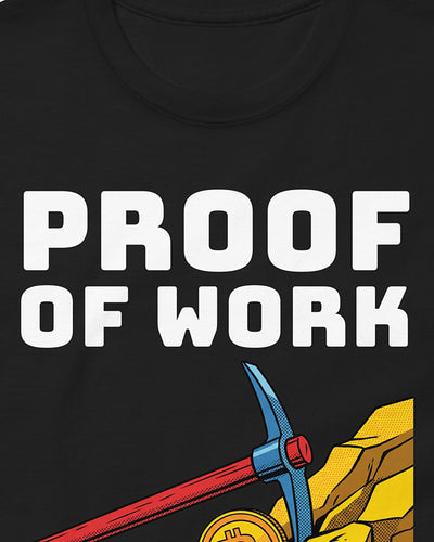 Proof Of Work on a black t-shirt, detail view