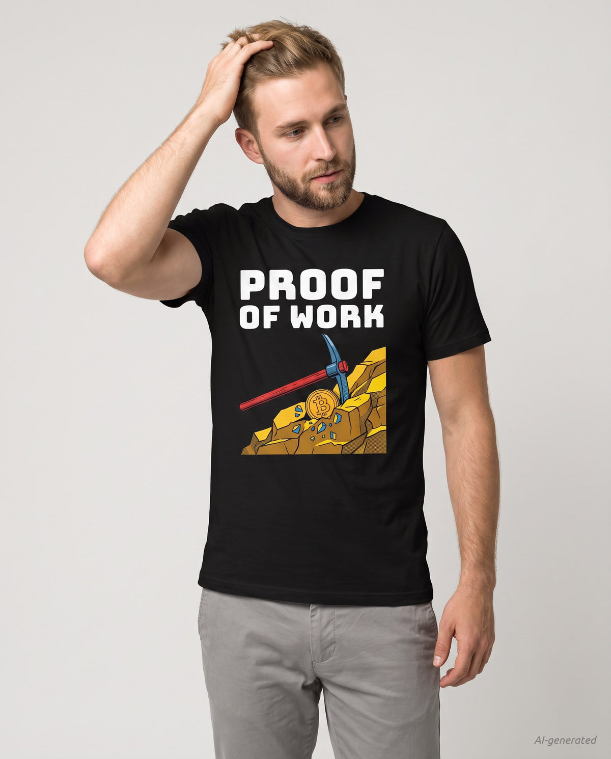 Proof Of Work on a black t-shirt, studio front