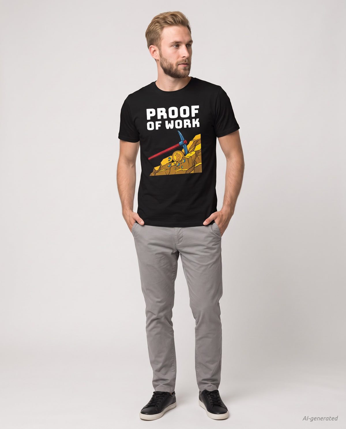 Proof Of Work on a black t-shirt, studio full figure