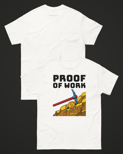 Proof Of Work on a white t-shirt, collage view