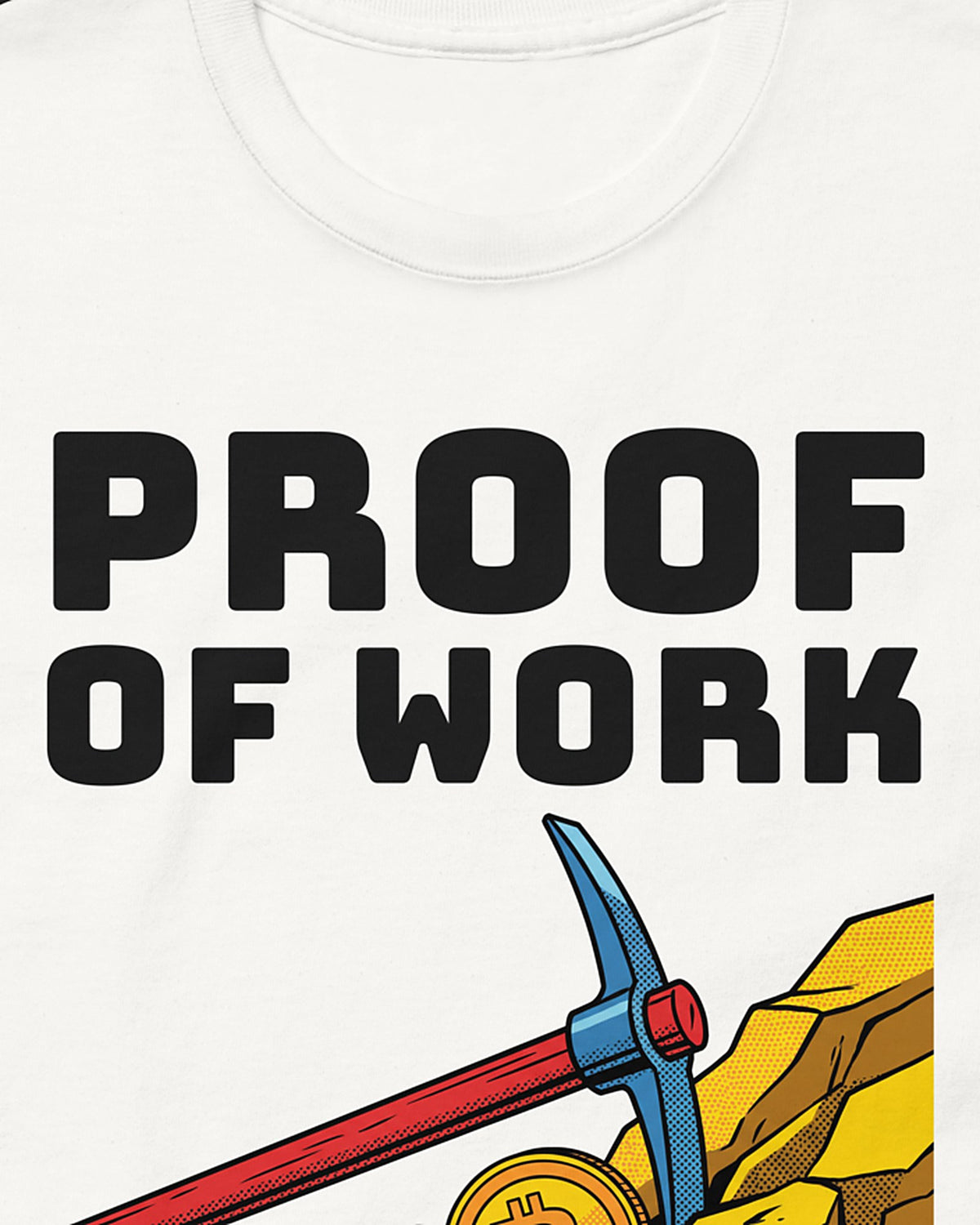 Proof Of Work on a white t-shirt, detail view