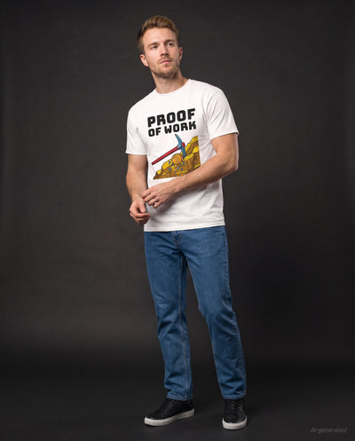 Proof Of Work on a white t-shirt, studio full figure