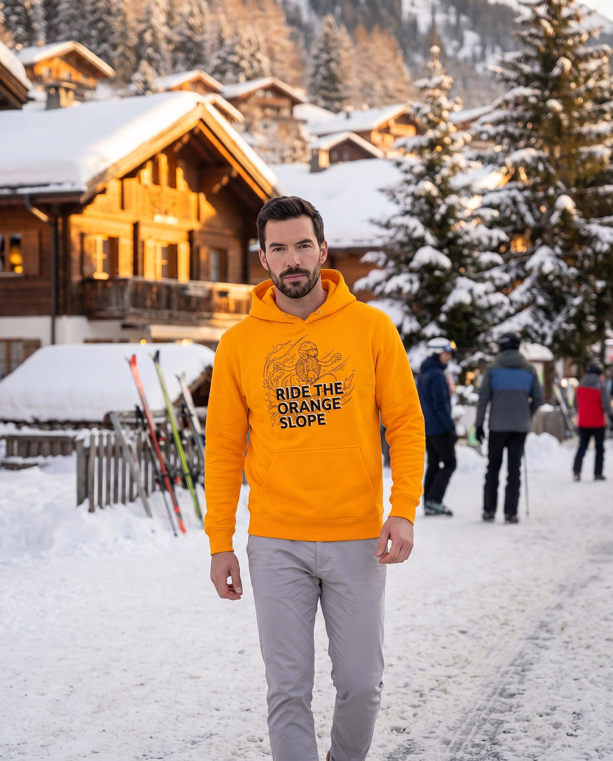 Ride The Orange Slope Snowboard Men's Bitcoin Hoodie on a orange hoodie, alpine village
