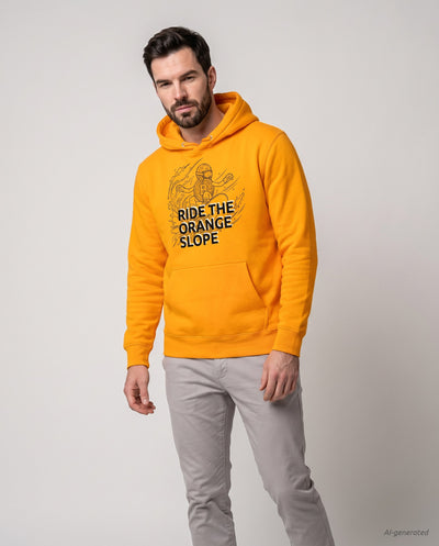 Ride The Orange Slope Snowboard Men's Bitcoin Hoodie on a orange hoodie, studio front