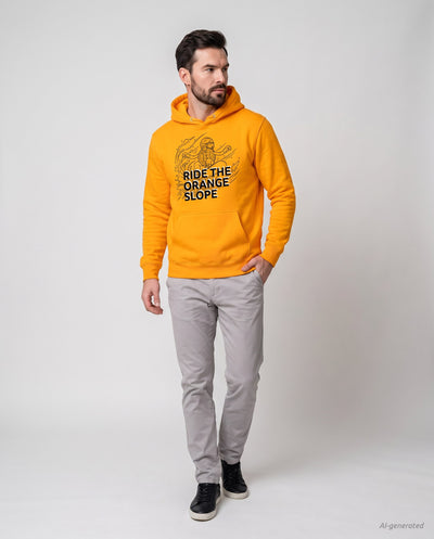 Ride The Orange Slope Snowboard Men's Bitcoin Hoodie on a orange hoodie, studio full figure