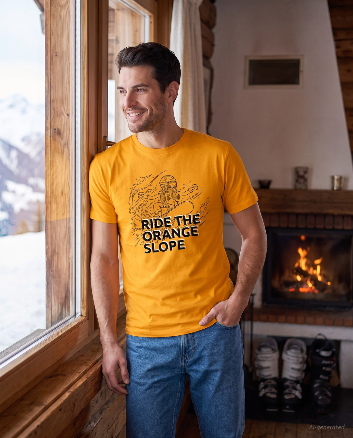 Ride The Orange Slope Snowboard Men's Bitcoin T-shirt on a orange t-shirt, chalet lounge