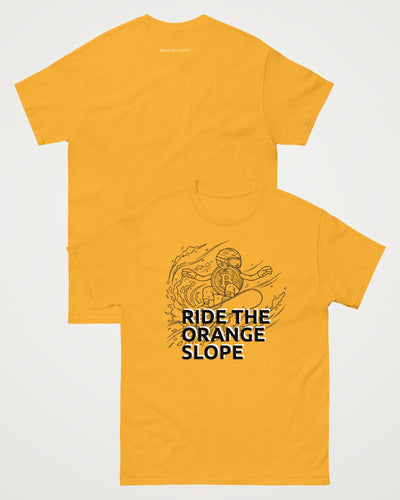 Ride The Orange Slope Snowboard Men's Bitcoin T-shirt on a orange t-shirt, collage view
