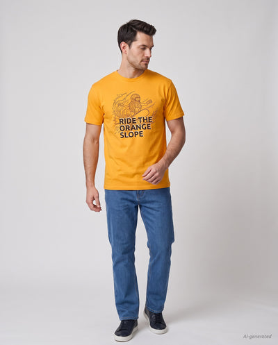 Ride The Orange Slope Snowboard Men's Bitcoin T-shirt on a orange t-shirt, studio full figure