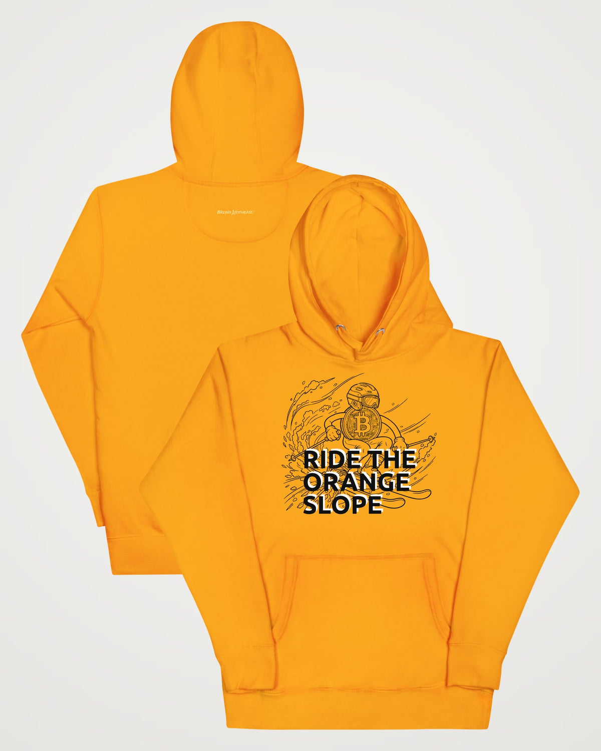 Ride The Orange Slope Ski Men's Bitcoin Hoodie on a orange hoodie, collage view
