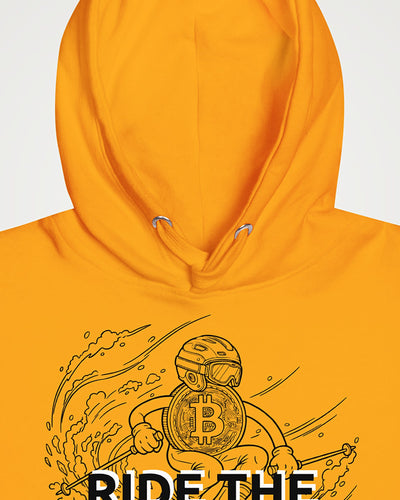 Ride The Orange Slope Ski Men's Bitcoin Hoodie on a orange hoodie, detail view
