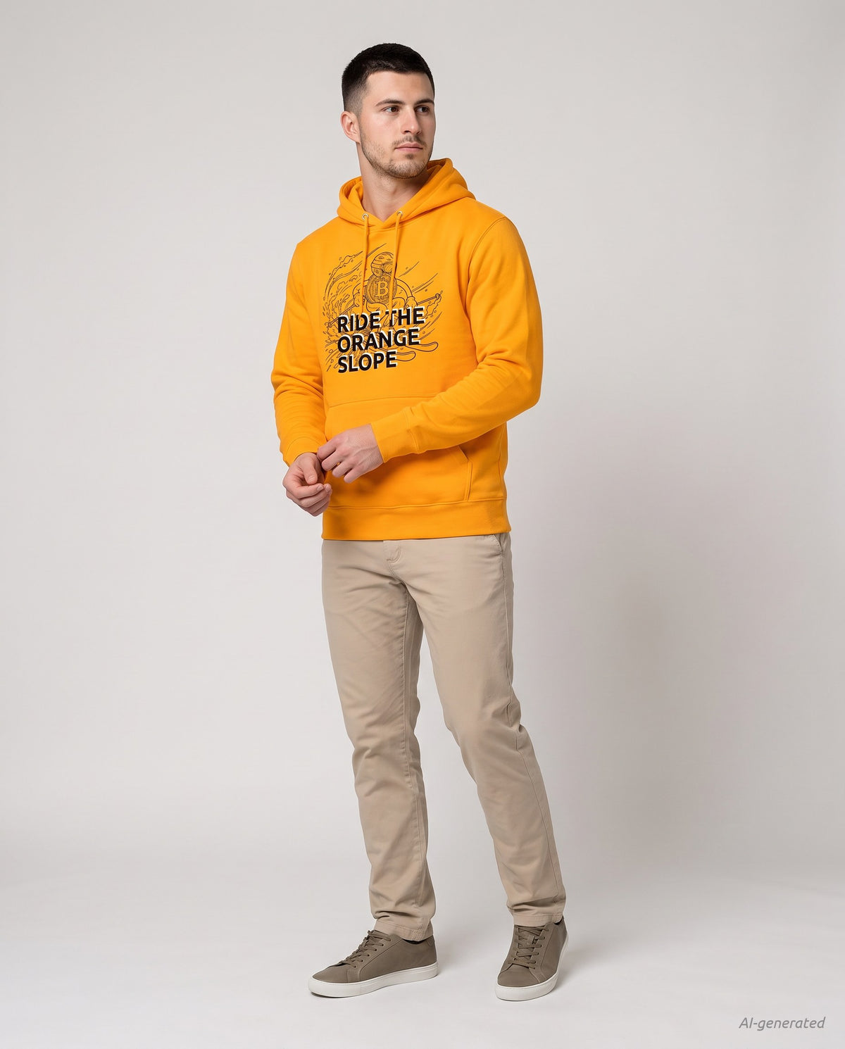 Ride The Orange Slope Ski Men's Bitcoin Hoodie on a orange hoodie, studio full figure
