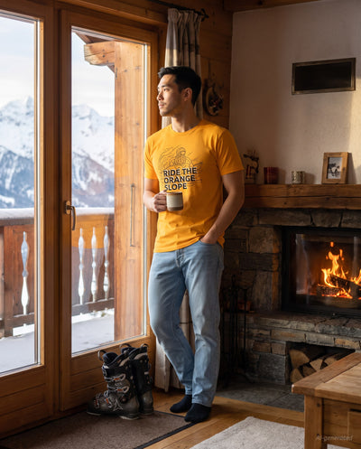 Ride The Orange Slope Ski Men's Bitcoin T-shirt on a orange t-shirt, chalet lounge