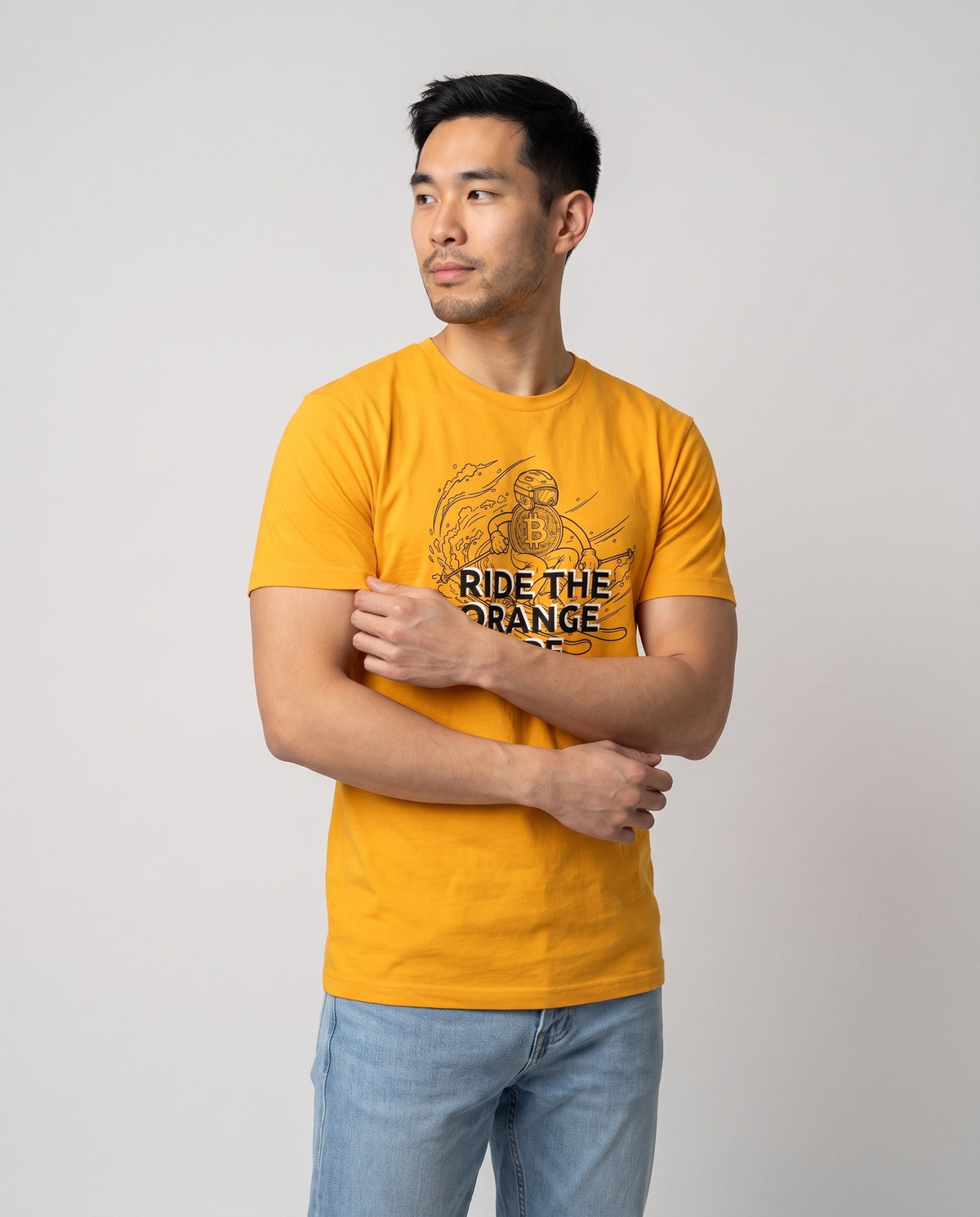 Ride The Orange Slope Ski Men's Bitcoin T-shirt on a orange t-shirt, studio front