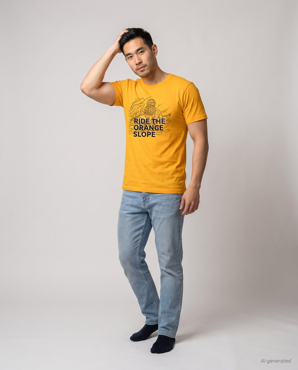 Ride The Orange Slope Ski Men's Bitcoin T-shirt on a orange t-shirt, studio full figure